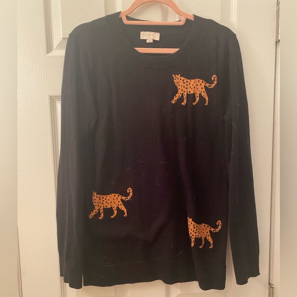 Anne Taylor Loft Black Sweater with Leopard Print Accents